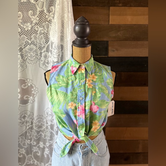 Ralph Lauren 100% Linen Tropical Print Sleeveless Tie Front Cropped Top - Picture 10 of 11